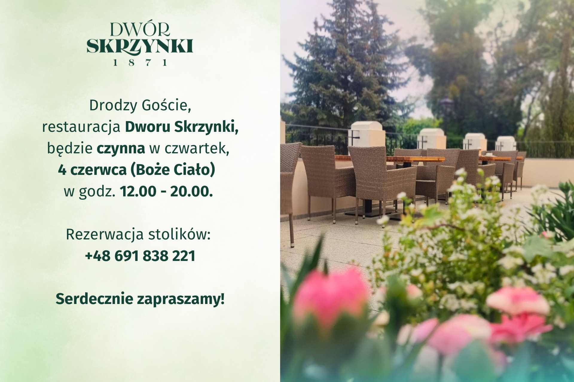 You are currently viewing Zapraszamy do restauracji Dworu Skrzynki 4 czerwca (Boże Ciało)